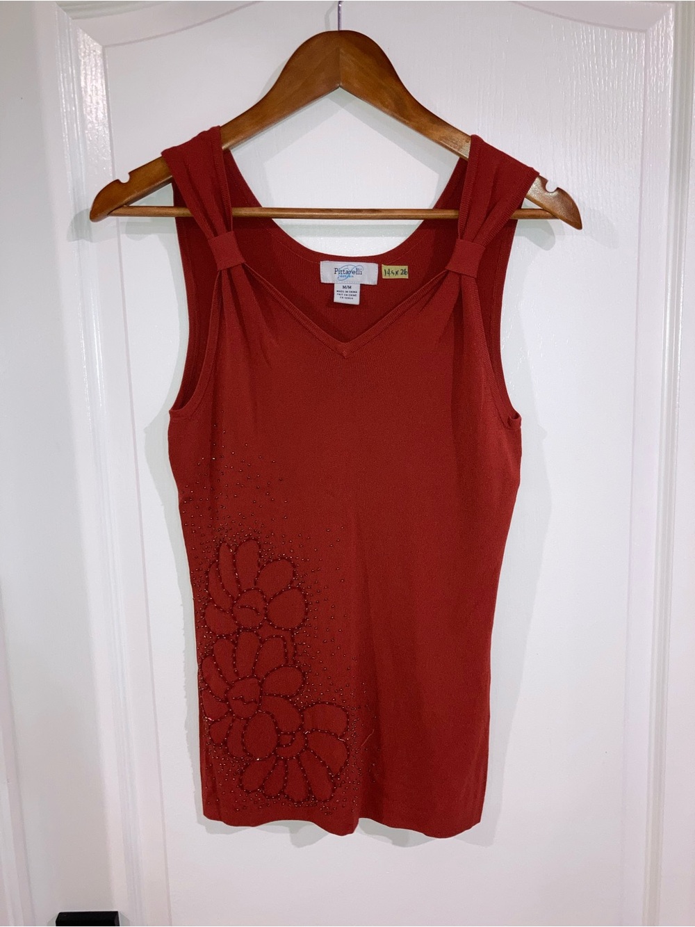 Pittarelli Orange/Red Beaded Flower V-Neck Tank Top - size M